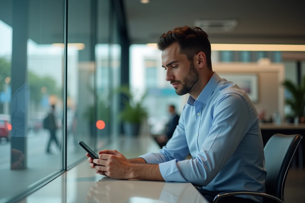 Jeune homme activant une application bancaire dans une agence moderne