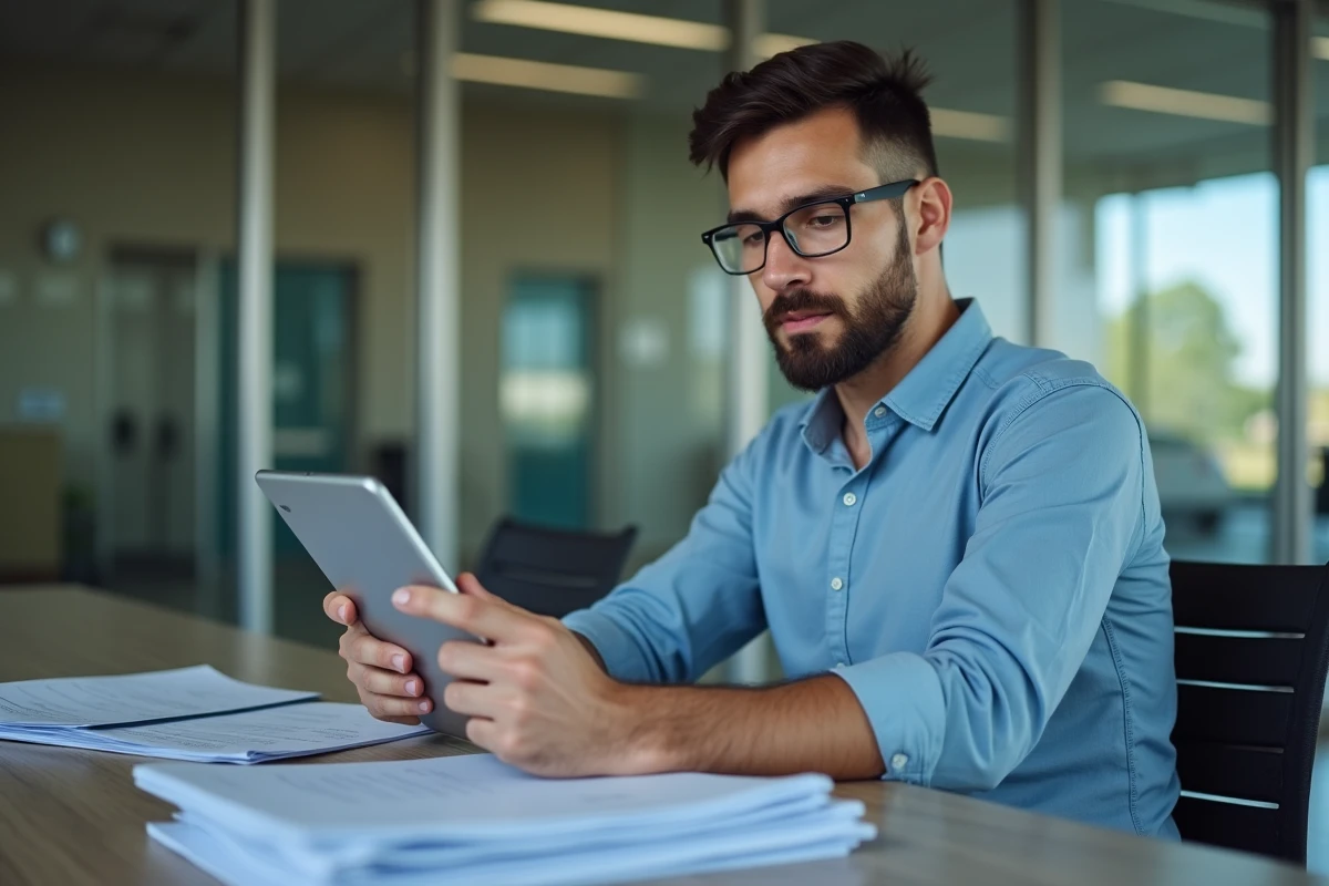 Jeune homme consultant une tablette à un guichet administratif