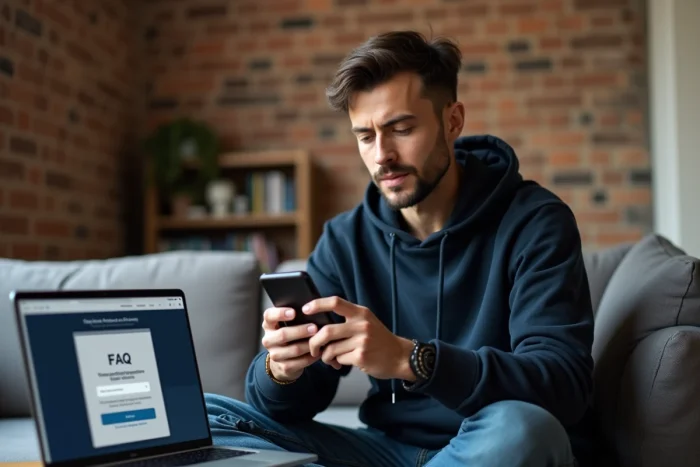 Jeune homme consultant son téléphone et son ordinateur pour résoudre un problème de connexion My Arkevia