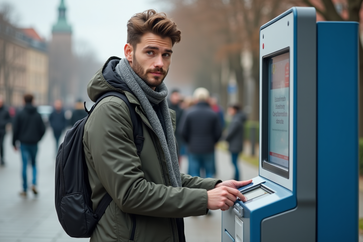 Jeune homme utilisant un kiosque numérique en espace public