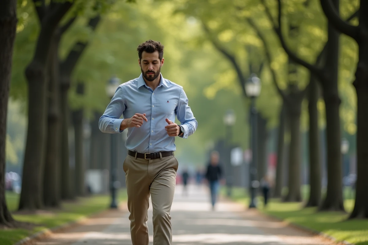 Jeune homme marchant dans un parc urbain avec un tracker