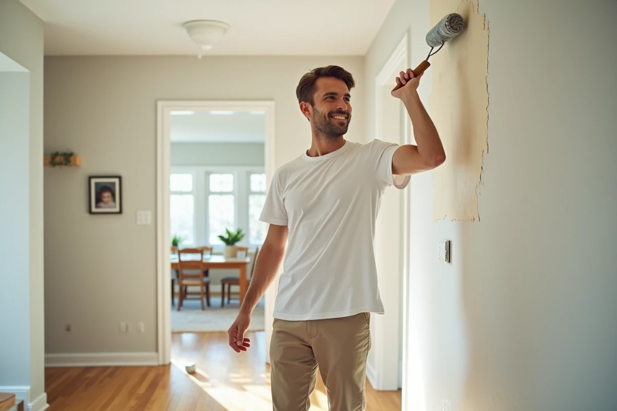 Jeune homme peignant un couloir rénové avec satisfaction
