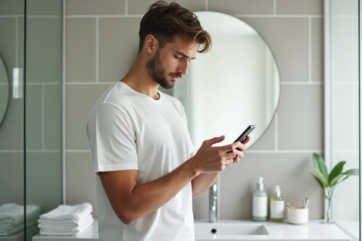 Jeune homme lisant instructions de soin dans la salle de bain