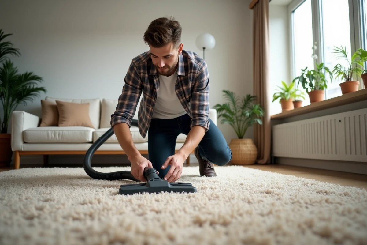 Jeune homme aspirant un tapis beige dans un salon moderne
