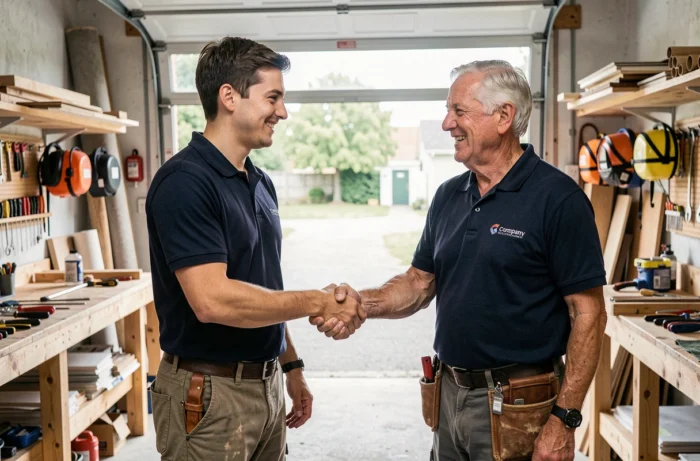 Jeune homme en insertion professionnelle serrant la main de son tuteur dans un atelier artisanal
