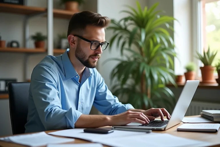 Jeune homme webmaster travaillant à son bureau lumineux