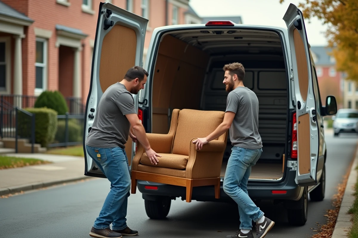 Jeunes adultes chargeant un fauteuil vintage dans une camionnette résidentielle
