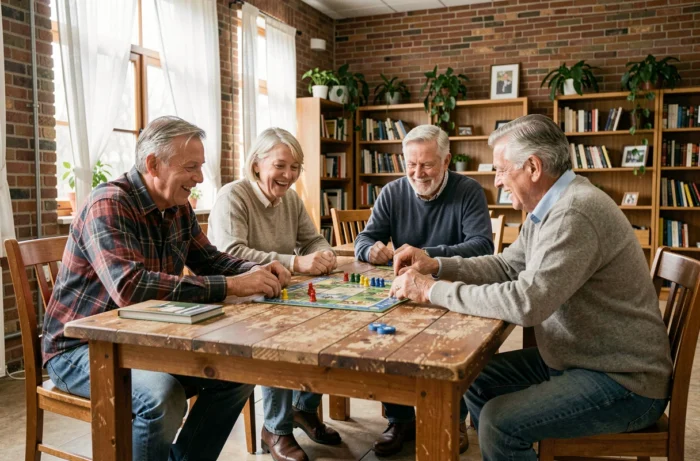 Groupe de personnes de plus de 50 ans jouant à un jeu de société dans un centre communautaire, symbolisant le renforcement du lien social à la cinquantaine