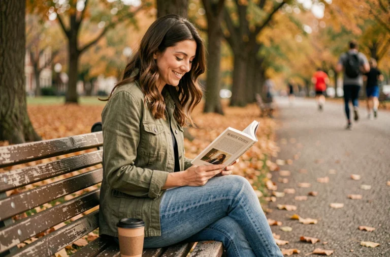 Femme lisant un livre dans un parc en automne, profitant d'un loisir économique en plein air
