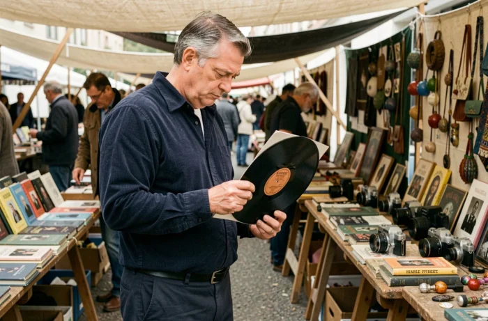 Homme cherchant des bonnes affaires dans un marché aux puces, loisir culturel à petit budget