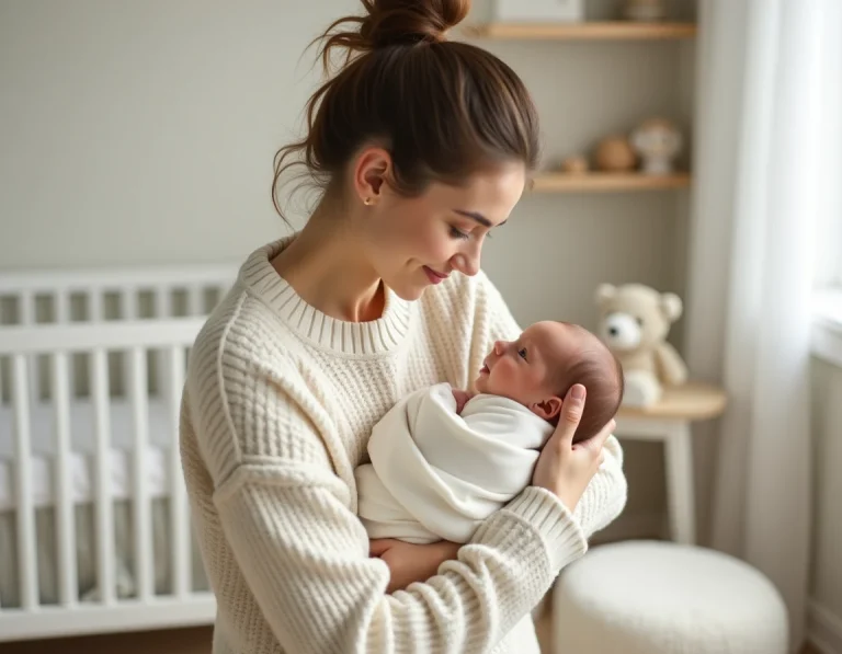 Jeune mère tenant tendrement son nouveau-né dans une chambre de bébé scandinave lumineuse et apaisante