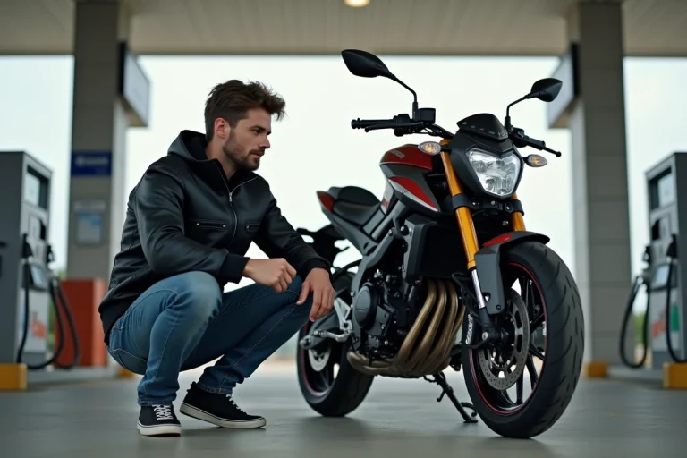 Motard jeune homme à côté d'une Yamaha MT07 à la station essence