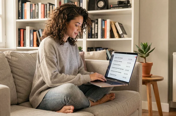 Femme développeuse découvrant les nouveautés de X-Script sur son ordinateur portable depuis son bureau à domicile