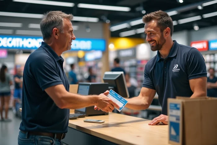 Client payant avec des chèques vacances ANCV à la caisse d'un magasin Decathlon