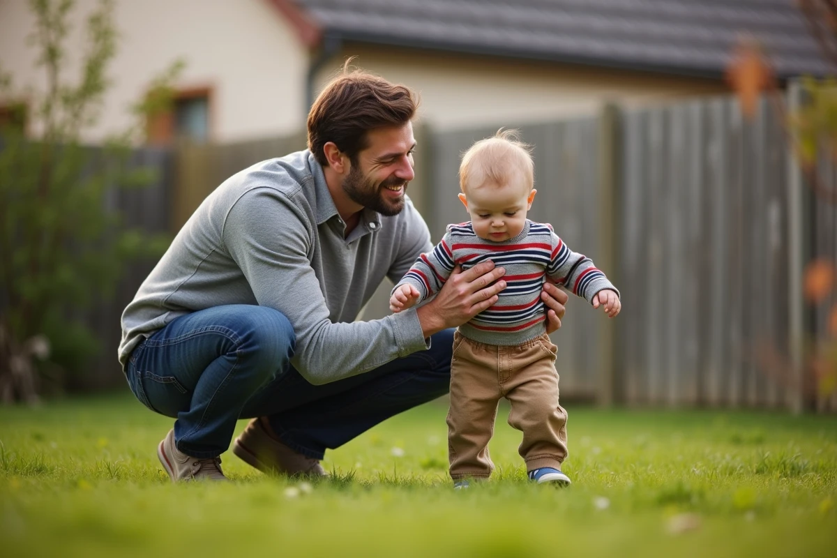 Père soutenant son fils lors de ses premiers pas dans le jardin