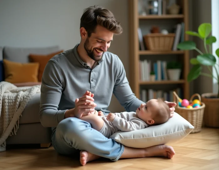 Père jouant avec son bébé de six mois sur le parquet d'un salon moderne et chaleureux