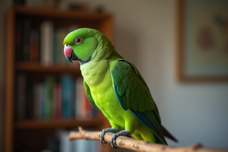 Perroquet kakariki vert dans un salon cosy
