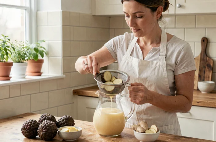 Femme préparant un jus de noni maison en pressant des fruits à travers une passoire fine dans une cuisine rustique et lumineuse