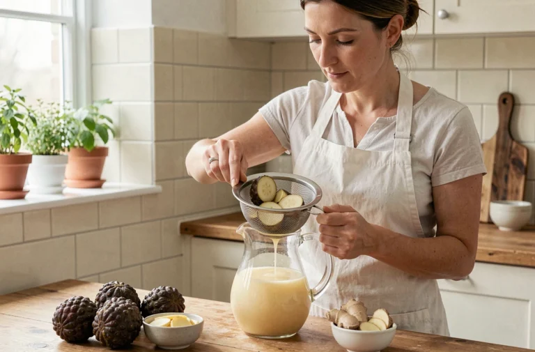 Femme préparant un jus de noni maison en pressant des fruits à travers une passoire fine dans une cuisine rustique et lumineuse