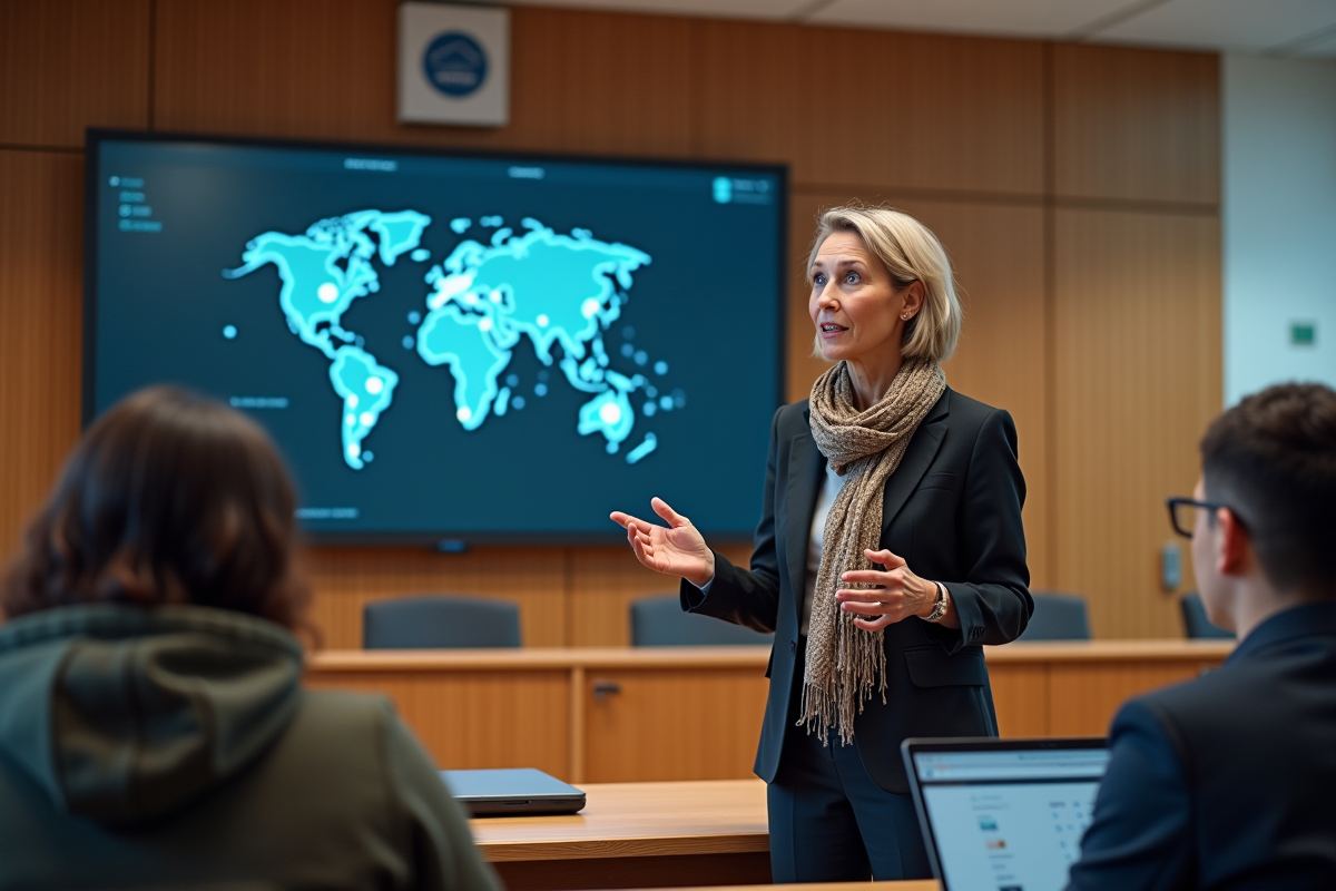 Professeure montrant un logiciel éducatif à des étudiants en salle accessible