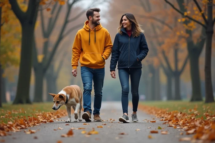 Coppia che porta a passeggio il proprio cane al guinzaglio in un parco urbano in autunno, attività fisica e benessere animale