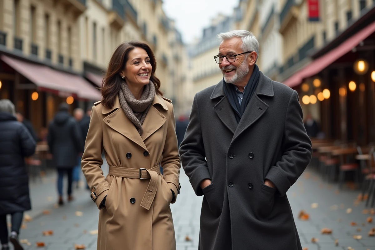 Couple riant dans une rue parisienne en automne