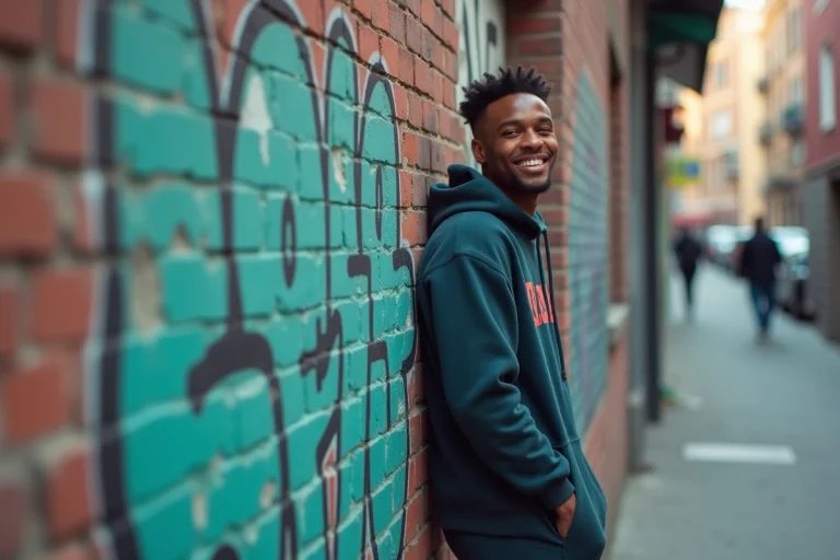 Jeune rappeur français souriant devant un mur graffite en ville