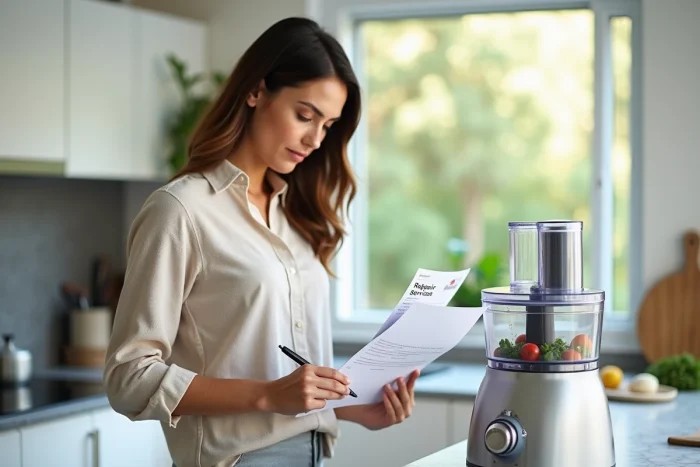 Femme recherchant un service de réparation pour son robot coupe en consultant les documents de garantie dans sa cuisine