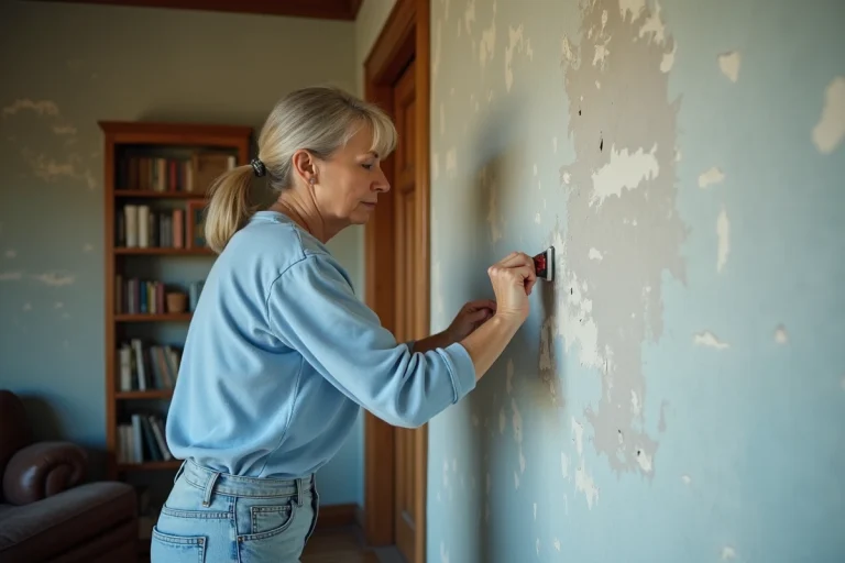 Femme d'âge moyen réparant un mur intérieur avec une spatule