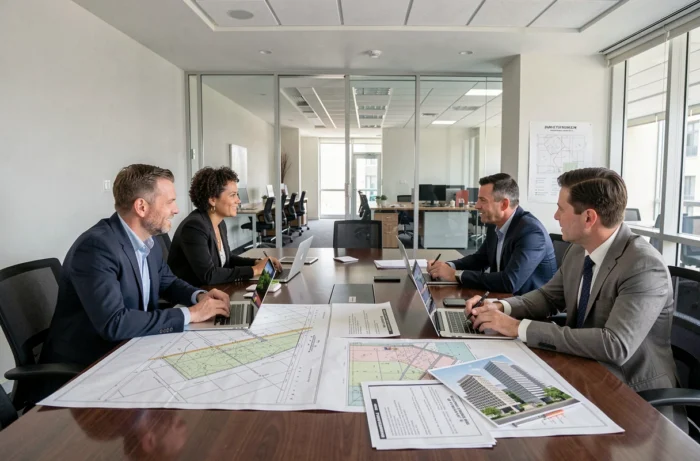 Réunion de planification urbaine avec architectes et urbanistes analysant des cartes de zonage et des modèles 3D réglementaires