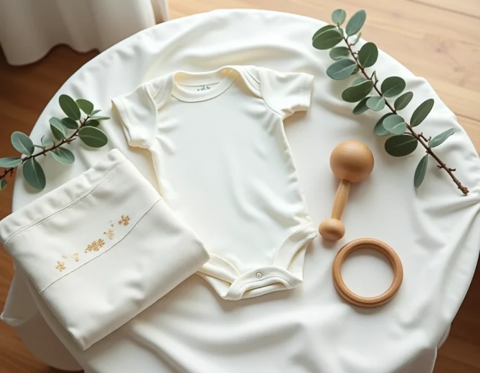 Sélection d'accessoires indispensables pour bébé disposés en flat-lay sur lin blanc, incluant body, hochet en bois et anneau de dentition