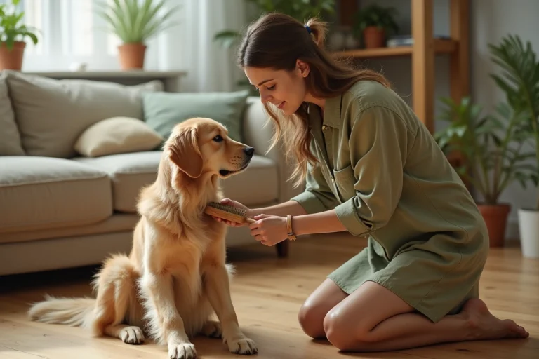 Femme brossant son golden retriever dans un salon chaleureux, soin et bien-être de l'animal de compagnie