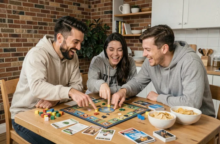 Groupe d'amis jouant à un jeu de société à la maison, loisir convivial et économique entre amis