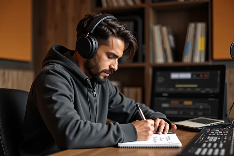 Musicien en studio avec casque et paroles manuscrites