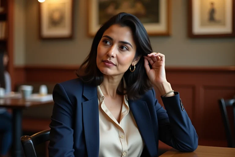 Femme d'origine sud-asiatique élégante assise dans un café londonien, évoquant le style discret de Sunetra Sastry
