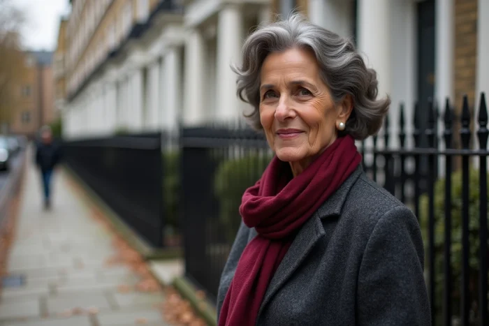 Femme britannique d'origine indienne devant une maison georgienne à Londres en automne, portrait éditorial élégant