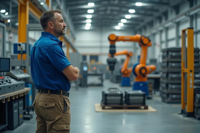 Technicien supervisant un bras robotique industriel en usine
