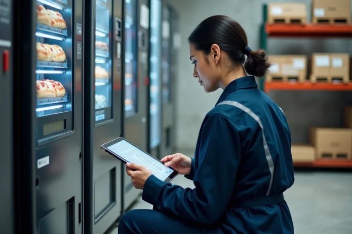 Une technicienne vérifiant les stocks d'un distributeur automatique de pizzas via une tablette de gestion connectée