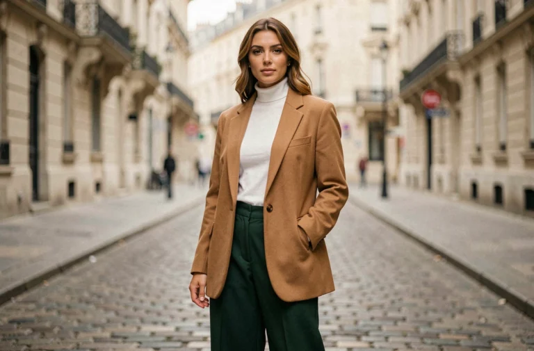 Femme élégante portant un blazer camel oversize et un pantalon wide-leg vert forêt dans une rue pavée européenne, incarnant les tendances mode de la saison