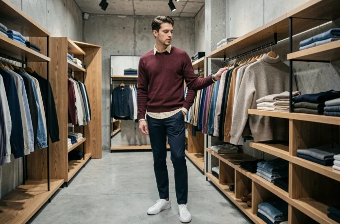 Jeune homme stylé en pull bordeaux texturé et pantalon marine dans un concept store moderne aux murs en béton, illustrant les tendances mode masculines de la saison