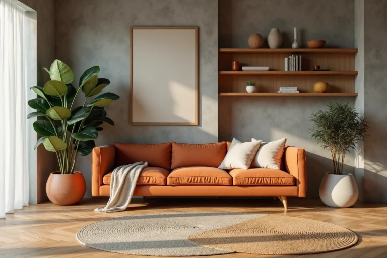 Salon moderne aux tendances décoration 2024 avec canapé en tissu terracotta, étagères en chêne et plante d'intérieur dans un pot en argile mate