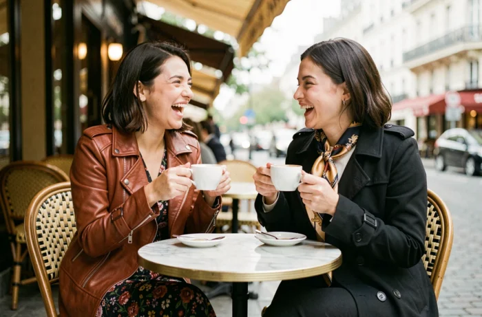 Deux femmes élégamment vêtues de tendances mode automnales — veste en cuir rouille et trench coat noir avec foulard imprimé — riant ensemble en terrasse de café parisien