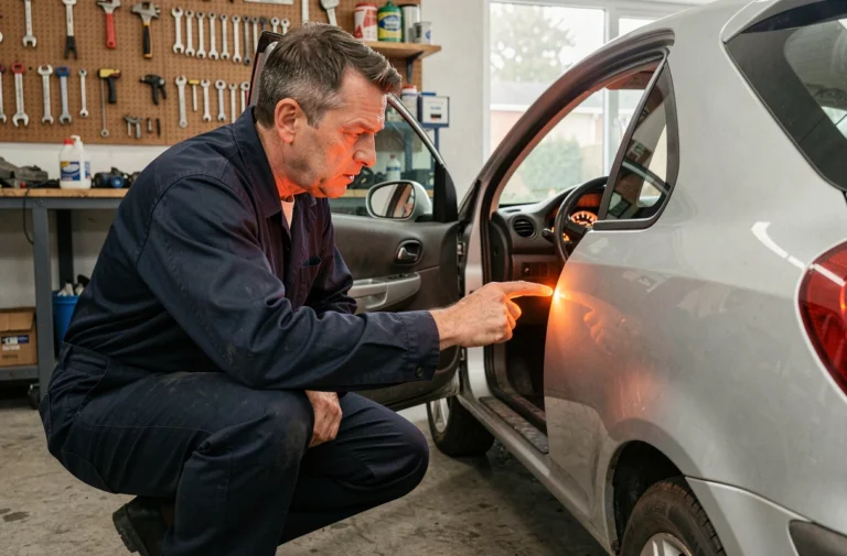 Mécanicien montrant le voyant clé orange allumé sur le tableau de bord d'une Opel Corsa