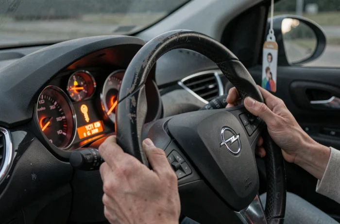 Voyant clé orange allumé sur le tableau de bord d'une Opel Corsa avec conductrice au volant